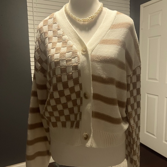 New Buttoned cardigan multi design. whimsical checkered and striped sweate… - Picture 2 of 6